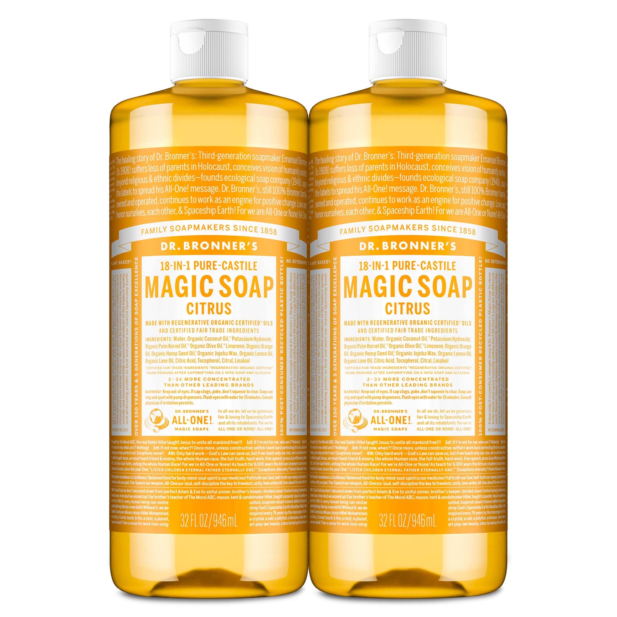 Dr. Bronner's Magic Soap-Pure-Castile Liquid Soap (Citrus, 32oz, 2-Pack)-Regenerative Organic Certified Oils, 18-in-1 Uses: Body, Hair, Laundry, Pets & Dishes, Concentrated, Vegan, Non-GMO