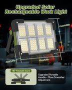 120W Solar Rechargeable Work Light, Portable Flood Light with Stand, 144 LED 10000LM Led Work Light with 4 Modes, IP66 Waterproof Outdoor Working Light for Emergency Repair Mechanic Camping