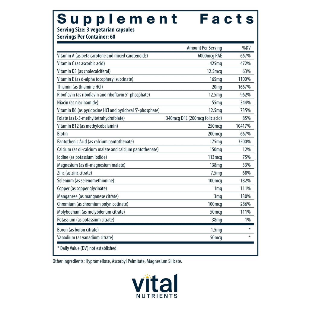 Vital Nutrients Multi-Nutrients 3-Vegetarian Multivitamin-Citrate/Malate Formula-Without Copper or Iron- Multi Vitamin, Mineral, & Antioxidant Supplement- Gluten, Dairy, Soy Free-Non-GMO-180 Capsules