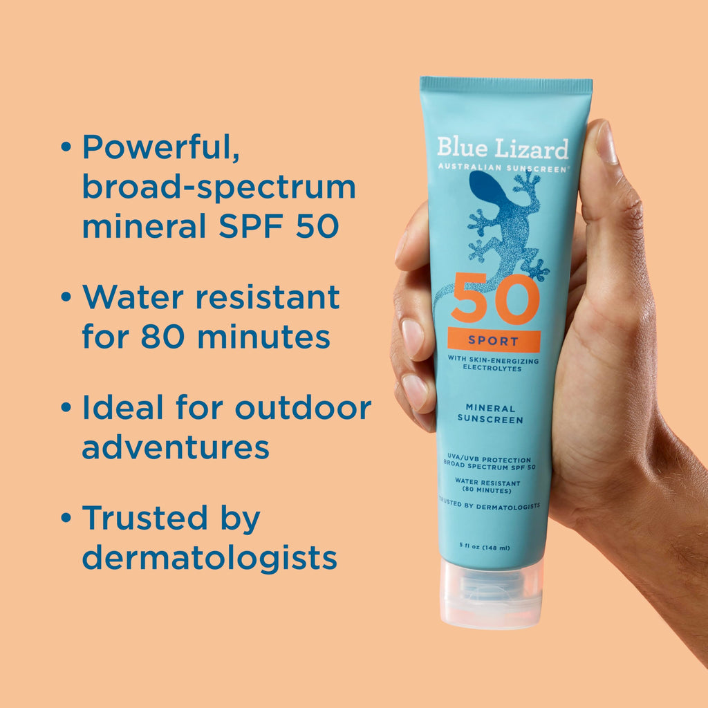 Blue Lizard Sport Mineral SPF 50 Lotion, Ideal for Athletes, 100% Mineral Sunscreen Actives, Fragrance-Free, Paraben-Free, Vegan, 5 fl oz