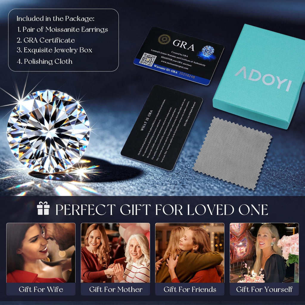 adoyi Moissanite Diamond Stud Earrings for Women Men 925 Sterling Silver Post Hypoallergenic 18K White Gold Plated Flat Back Stud Earring Jewelry Round Cut D Color VVS1 Clarity Gift for Women 2.0CT