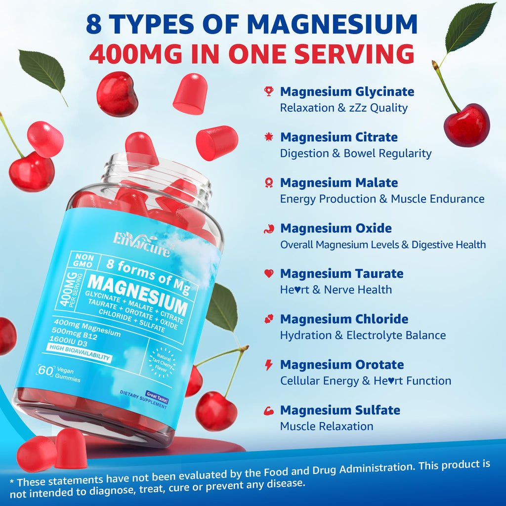 Magnesium Complex Gummies 400mg | as 8 Forms of Magnesium Glycinate, Malate, Citrate, Taurate, Oxide & More | w/Ashwagandha Extract, D3 & B12 Supports for Calm, Zzz, Mood - Vegan 60Cts