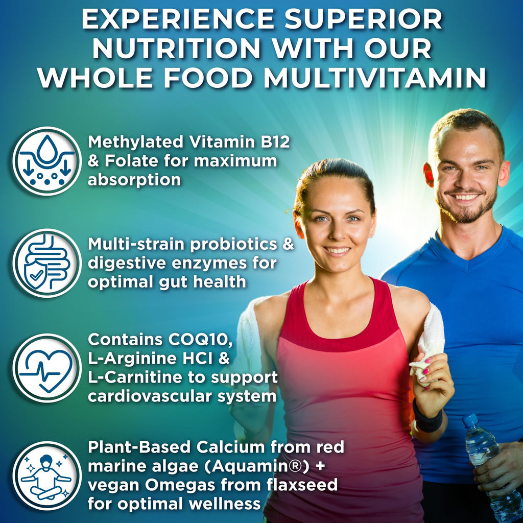 Vegan Whole Food Daily Multivitamin with Iron, Methylated Multivitamin for Women and Men, Made with Fruits & Vegetables, B-Complex, Probiotics, Enzymes, CoQ10, Omegas, Turmeric, Non-GMO, 180 Count