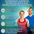 Vegan Whole Food Daily Multivitamin with Iron, Methylated Multivitamin for Women and Men, Made with Fruits & Vegetables, B-Complex, Probiotics, Enzymes, CoQ10, Omegas, Turmeric, Non-GMO, 180 Count