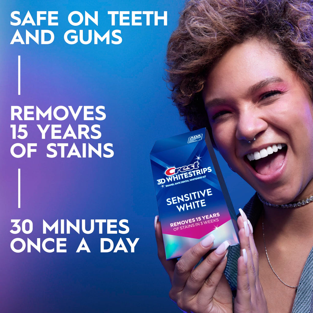 Crest 3DWhitestrips Sensitive White At-Home Teeth Whitening Kit, 18 Treatments, Gently Removes 15 Years of Stains