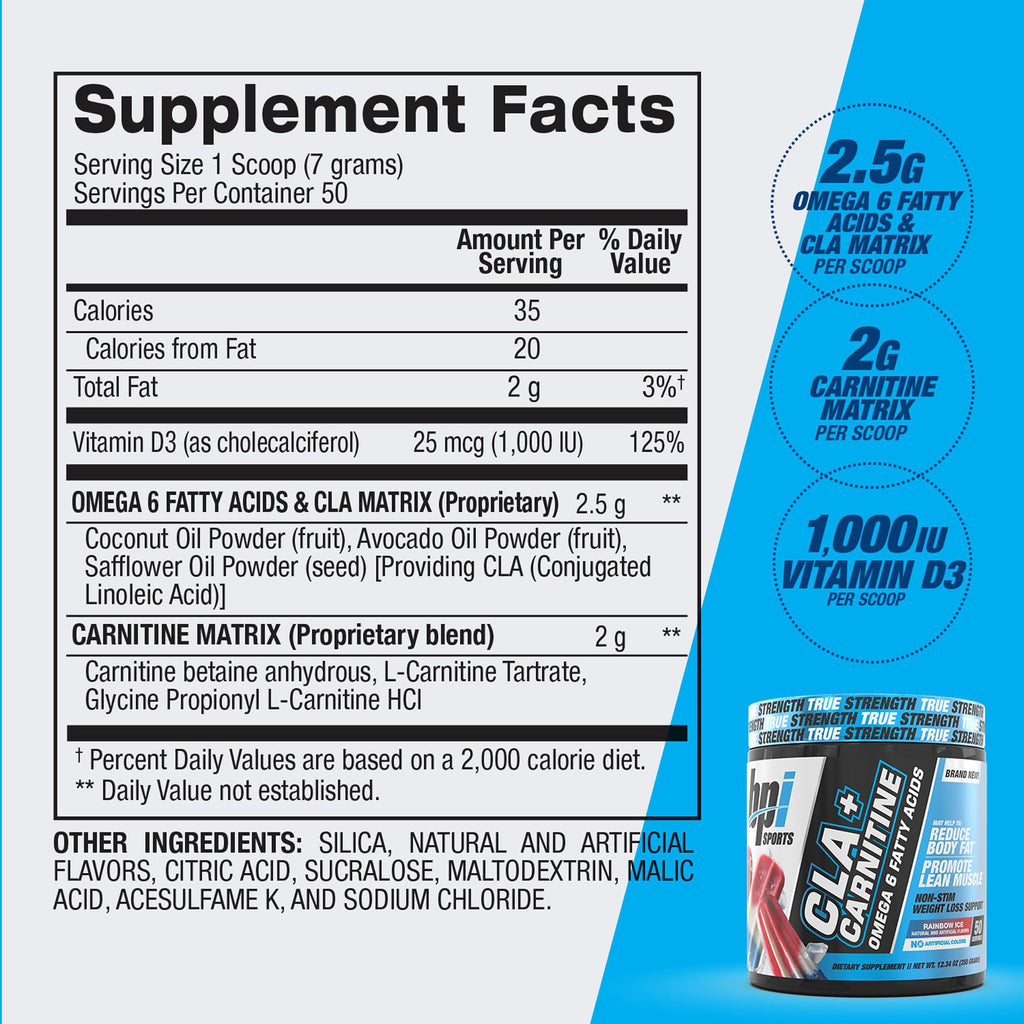BPI Sports CLA+Carnitine – CLA L Carnitine & Linoleic Acid – L Carnitine Supplement for Weight Loss, Metabolism & Lean Muscle – Caffeine Free – Rainbow Ice – 50 Servings – 12.34 oz