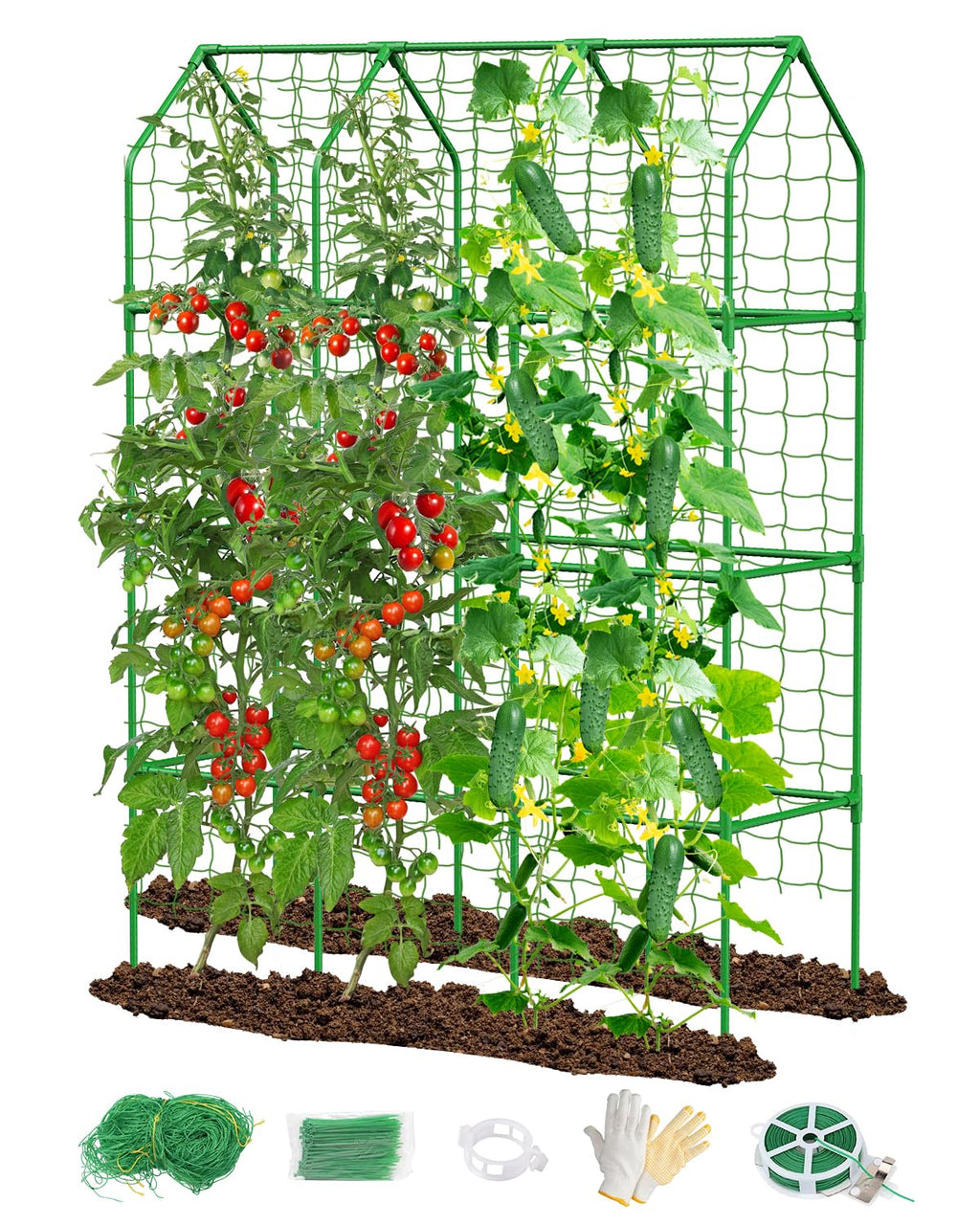 65" Cucumber Trellis for Climbing Plants Outdoor, Metal Garden Trellis for Raised Bed, Plant Support Structures with Netting for Cucumbers Tomatoes Beans Peas (50 * 17 * 65inch(L*W*H), Trellis)