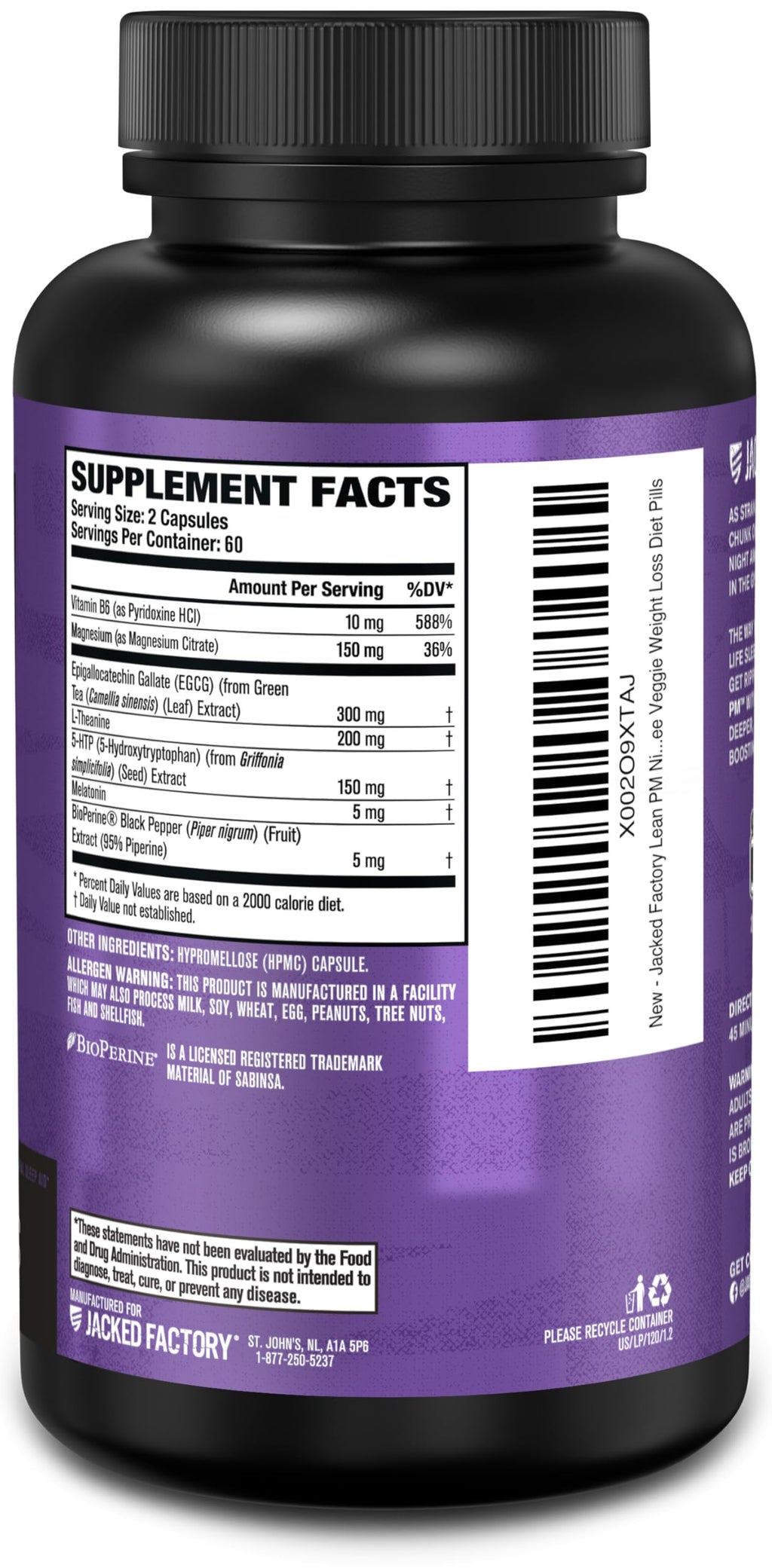 Jacked Factory Lean PM Night Time Fat Burner, Sleep Aid Supplement, & Appetite Suppressant for Men and Women - 120 Stimulant-Free Veggie Weight Loss Diet Pills