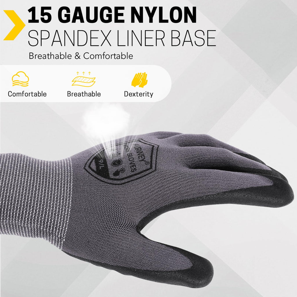FURWEY Safety Work Gloves,16 Pairs Nitrile Micro Foam Coated,Seamless Knit,Size L