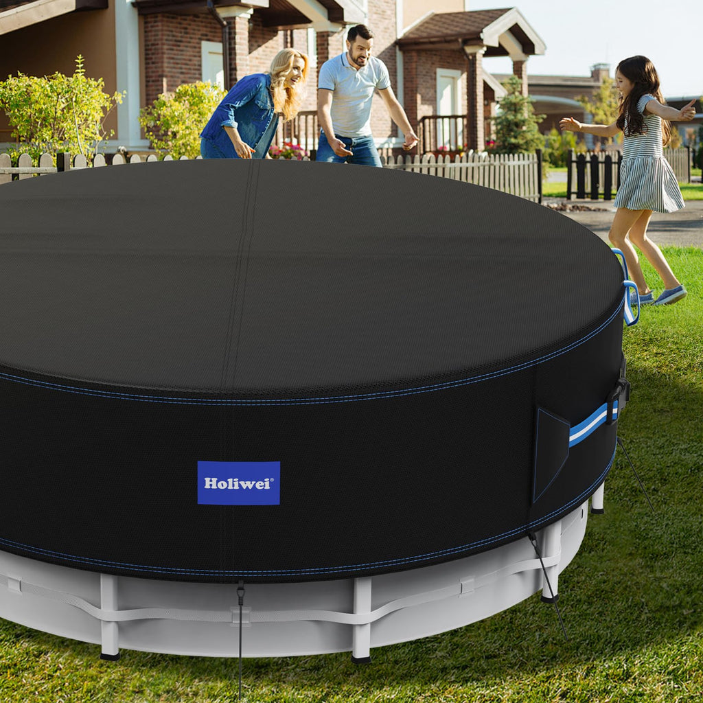 Holiwei 12 Ft Round Pool Cover with Reflective Strips, 420D Swimming Pool Cover for Above Ground Pools, Solar Cover with Drawstring and Ground Nails for Dustproof, UV Protected