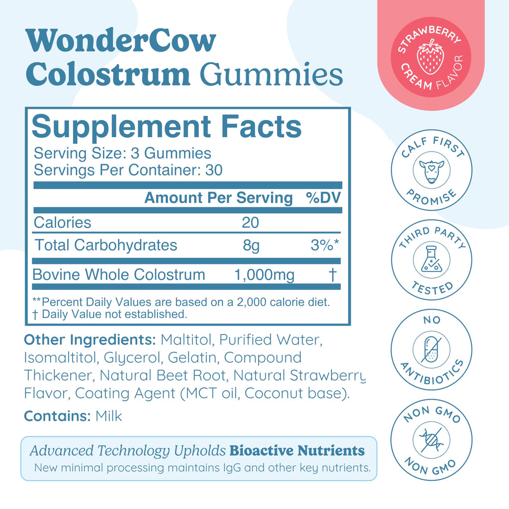 WONDERCOW Colostrum Gummies for Gut Health, Immune Support & Wellness | Natural IgG Whole Bovine Colostrum Supplement, 1,000mg per Serving (90 Gummies (30 Servings), Strawberry Cream)