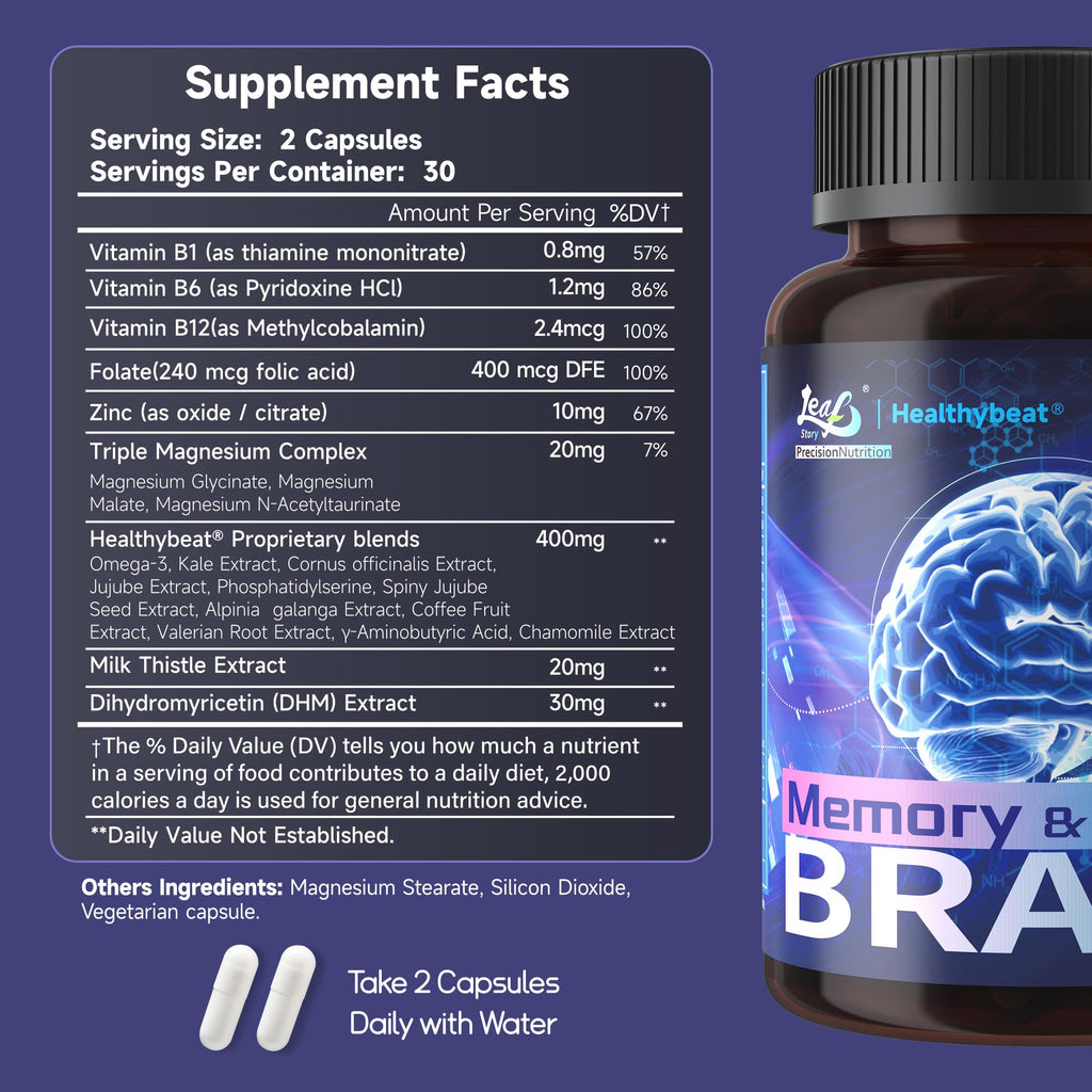 LeafStory Nootropic Brain Supplements for Memory and Focus, Cognitive Function for Mental Health & Clarity, Vitamin B6 B12, Folate & Dihydromyricetin, 60 Capsules
