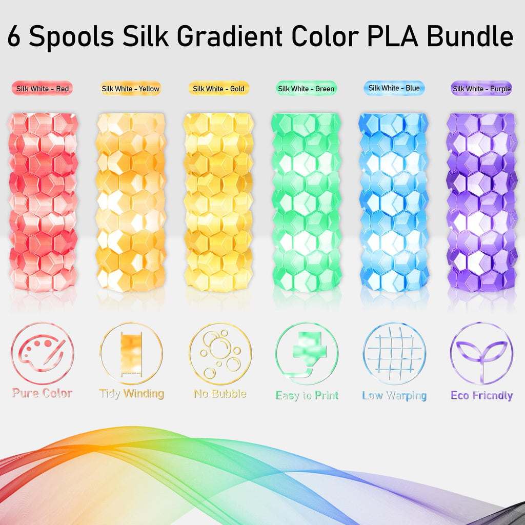 MIKA3D 2 Color Fast Change Silk PLA 1.75mm 3D Printer Filament Bundle, Silk White Color Change to Red/Orange/Gold/Green/Blue/Purple, Each Spool 250g, 6 Spools, Total 1.5kg Silk PLA Bundle 250g X 6