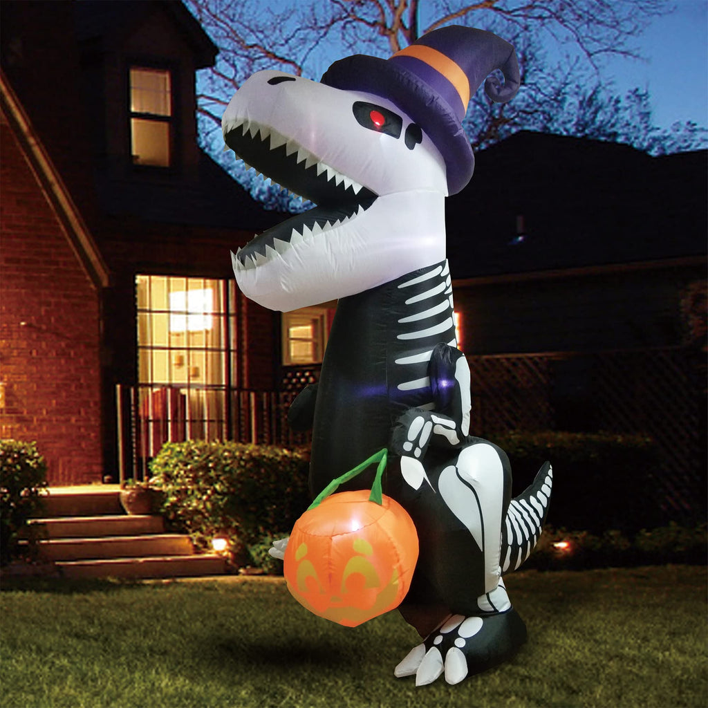 Joiedomi 8 FT Halloween Inflatable Skeleton Dinosaur with Pumpkin & Built-in LEDs, Halloween Blow Up Yard Decorations, Lighted Outdoor Dinosaur Skeleton for Garden, Lawn, Patio & Holiday Outside Decor