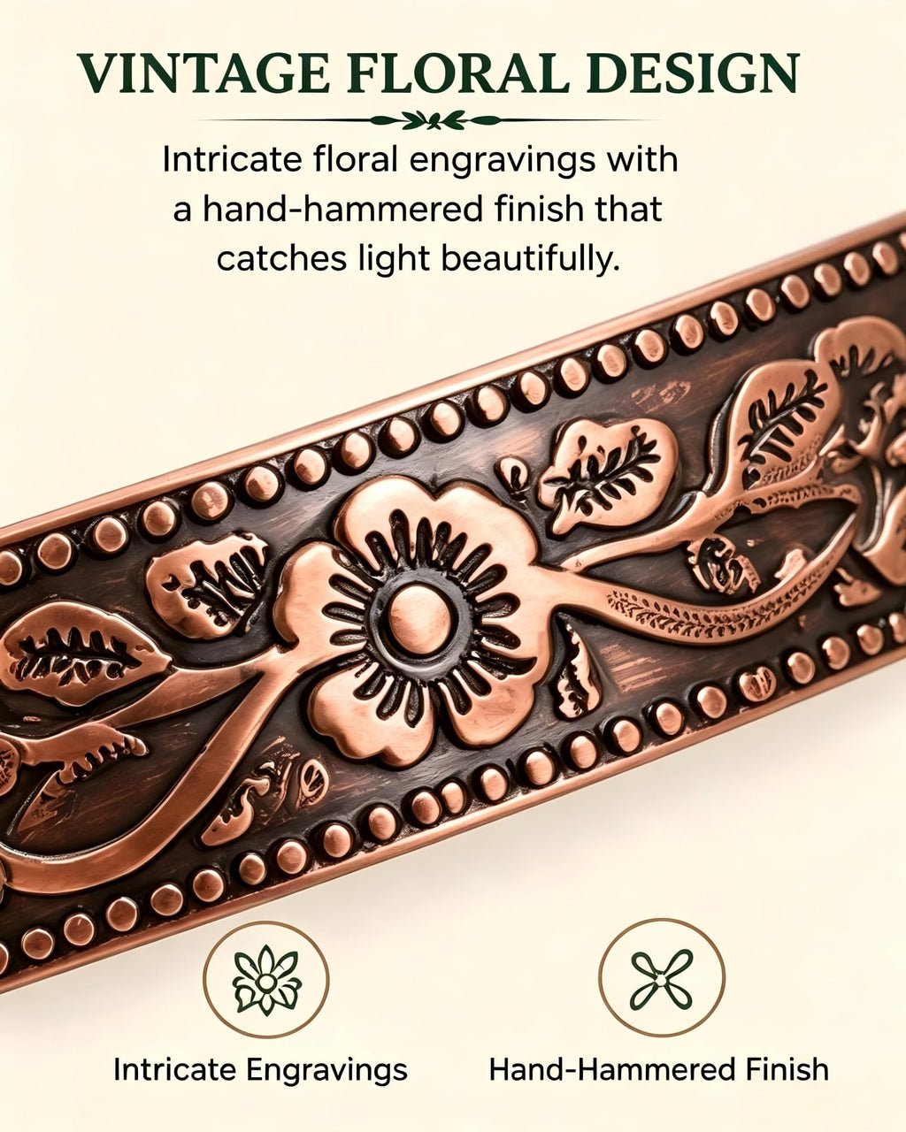 Fashtour Pure Copper Bracelet for Men & Women, Vintage Floral Cuff
