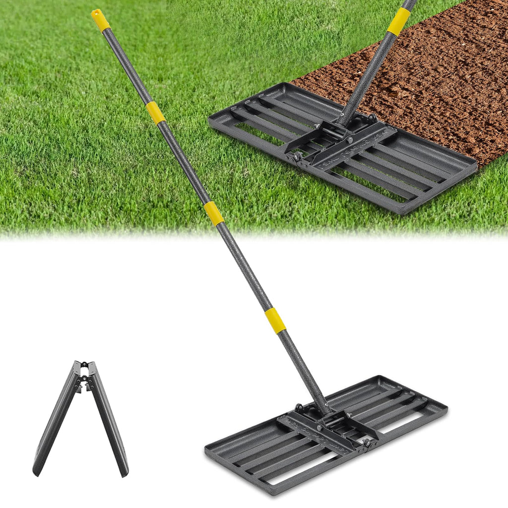 Lawn Leveling Rake, Heavy Duty 30"x10" Foldable Leveler Plate, 5FT Adjustable Stainless Steel Leveling Rake, Reinforced Welds Level rake for Soil, Dirt, Ground, Yard, Top Dressing, Landscaping