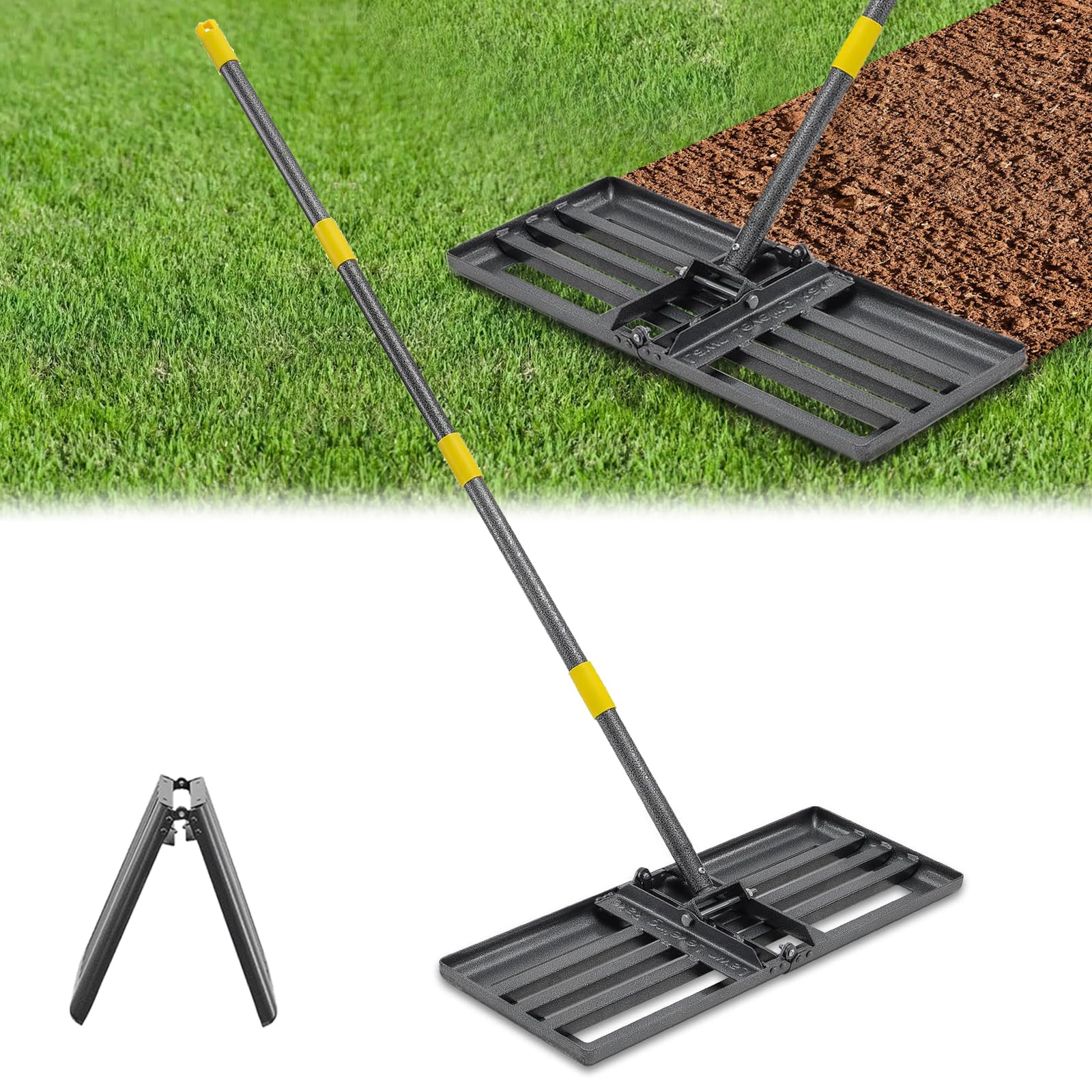 Lawn Leveling Rake, Heavy Duty 30"x10" Foldable Leveler Plate, 5FT Adjustable Stainless Steel Leveling Rake, Reinforced Welds Level rake for Soil, Dirt, Ground, Yard, Top Dressing, Landscaping