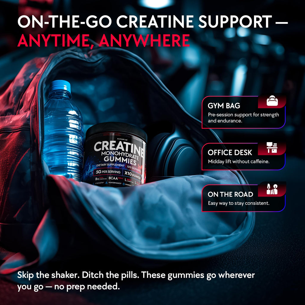 Creatine Monohydrate Gummies Complex 5000 MG for Men & Women, Preworkout Gummy with BCAA, L-Carnitine, Taurine & Vitamin B12 for Muscle Growth, Strength & Energy Support , Flavored and Chewable