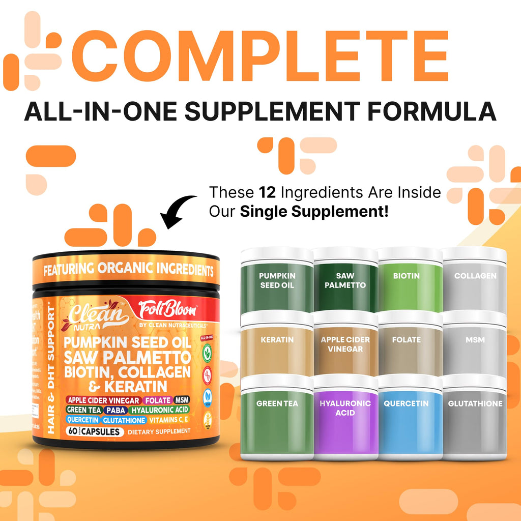 Clean Nutra Pumpkin Seed Oil Capsules + Saw Palmetto Biotin Collagen Keratin MSM Folate Hyaluronic Acid Supplements B12 Zinc Hair Supplement for Women Men Iodine 5-MTHF B-12 Vitamin B9-60 Pills