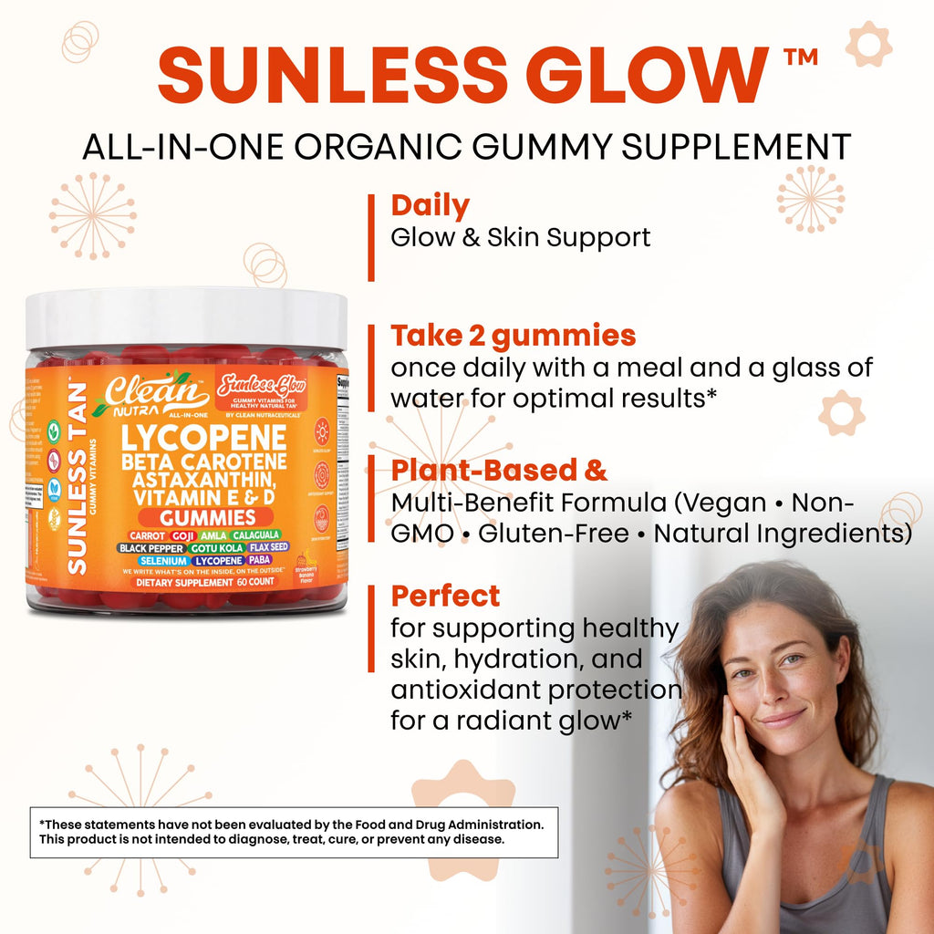 Sunless Glow Lycopene Beta Carotene Tanning Gummies Astaxanthin Vitamin C D E Flax Seed Selenium Amla l Tyrosine PABA Black Pepper 60 Count Strawberry Banana Flavor by Clean Nutra