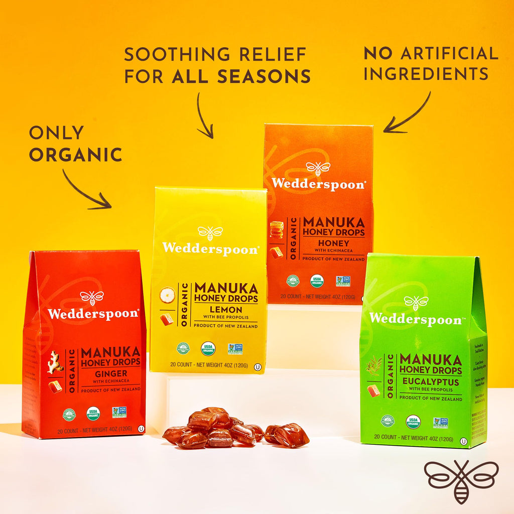 Wedderspoon Organic Manuka Honey Drops, Ginger & Echinacea, 20 Count | USDA Organic | Genuine New Zealand Honey, Natural Remedy for Dry Throat