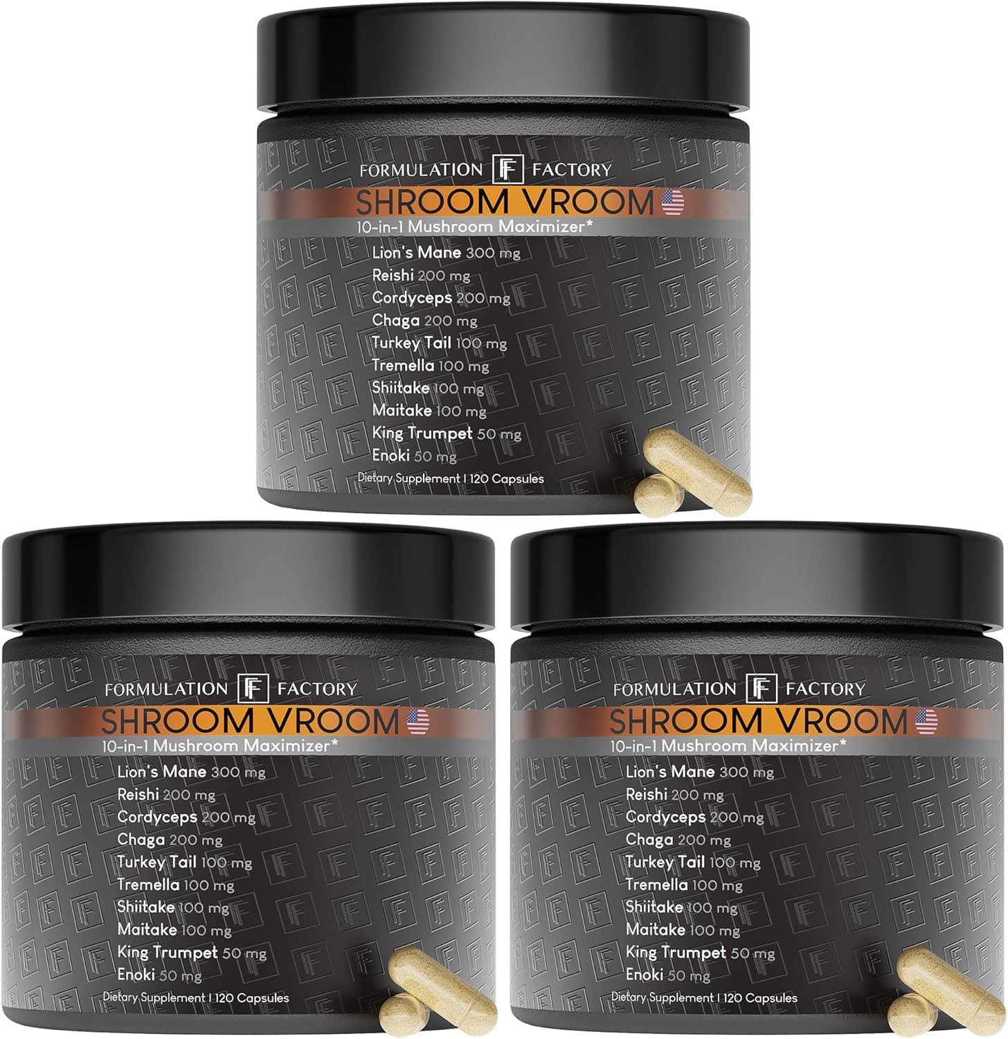Shroom Vroom: 10-in-1 Mushroom Supplement, Lion’s Mane, Reishi, Cordyceps, Chaga, Turkey Tail, Tremella, Shiitake, Maitake, King Trumpet & Enoki, Brain Boost, Immune Support (360 count Pack of 3)