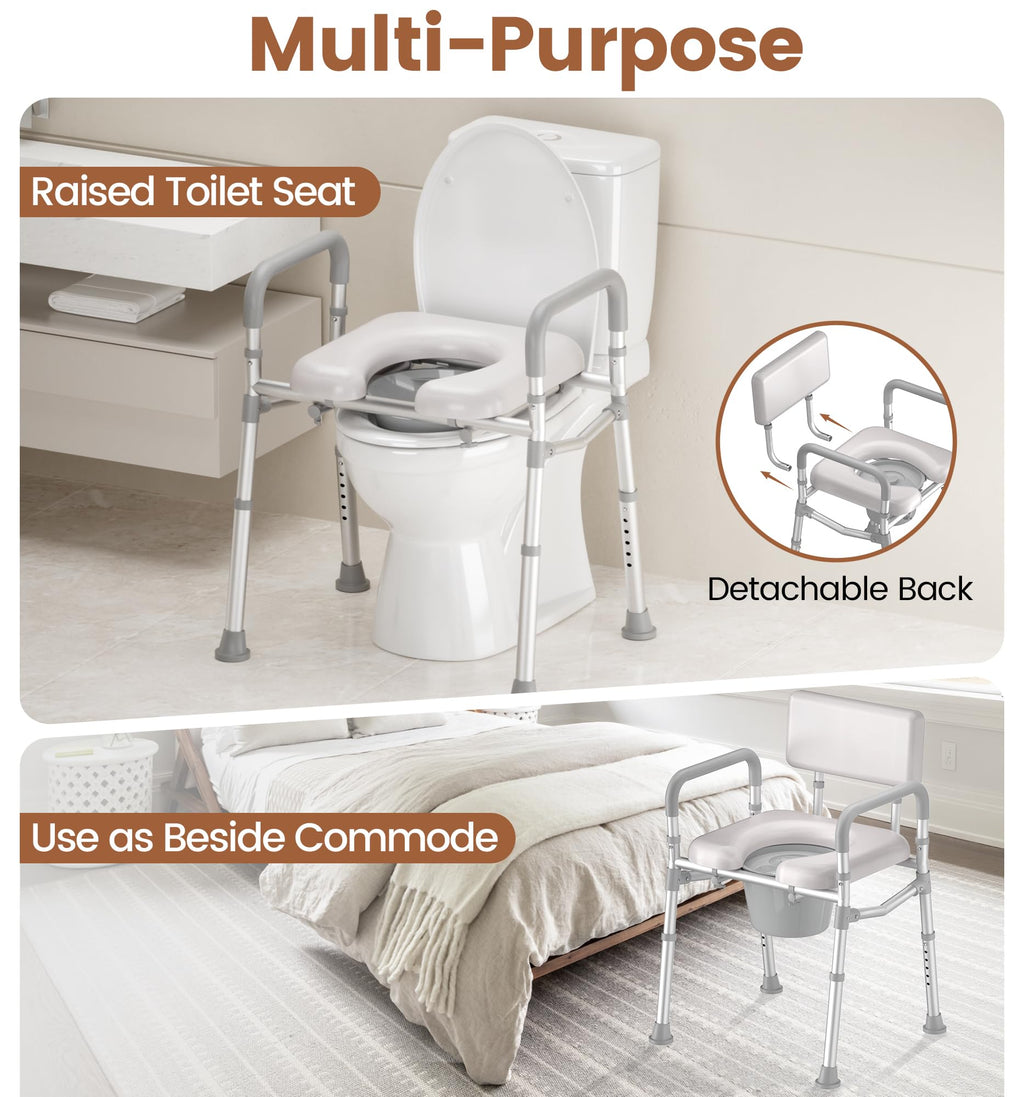 SOUNDFUSE Bedside Commode Chair with Padded Seat and Backrest, Aluminum Dual-Crossbar, Height Adjustable, Portable Toilet for Seniors and Adults, Potty Bucket and Splash Guard, 350 lbs Weight Capacity