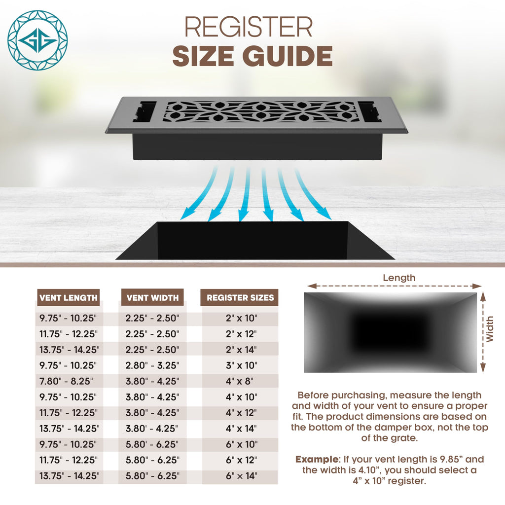 Floor Vent Covers – 4x10 Floor Register – 8 Pack – Heavy-Duty Steel, Rustproof & Walkable Grates, Drop-in Install, Adjustable Airflow – Decorative Floral Design, Textured Black