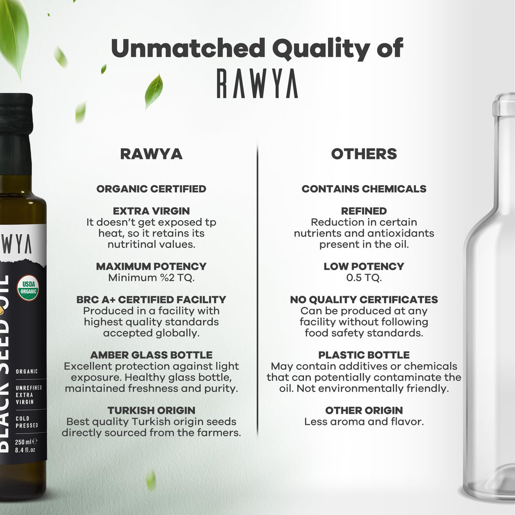 RAWYA Black Seed Oil - USDA Organic Certified - Cold Pressed - 8.4 Fl oz - Extra Virgin - Turkish Black Cumin Seed - Premium Nigella Sativa with Thymoquinone - Kalonji - Non-GMO, Gluten-Free - Nutritional Supplements - Extra Strong Taste
