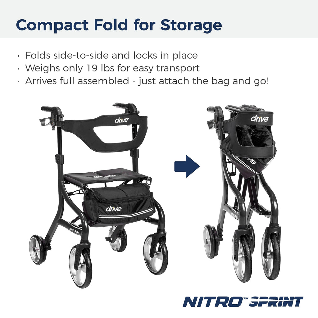 Drive Medical Nitro Sprint Foldable Rollator Walker with Seat - Lightweight Support - Large Wheels - Compact Folding Design - Adjustable Comfort - Tall Size - Black