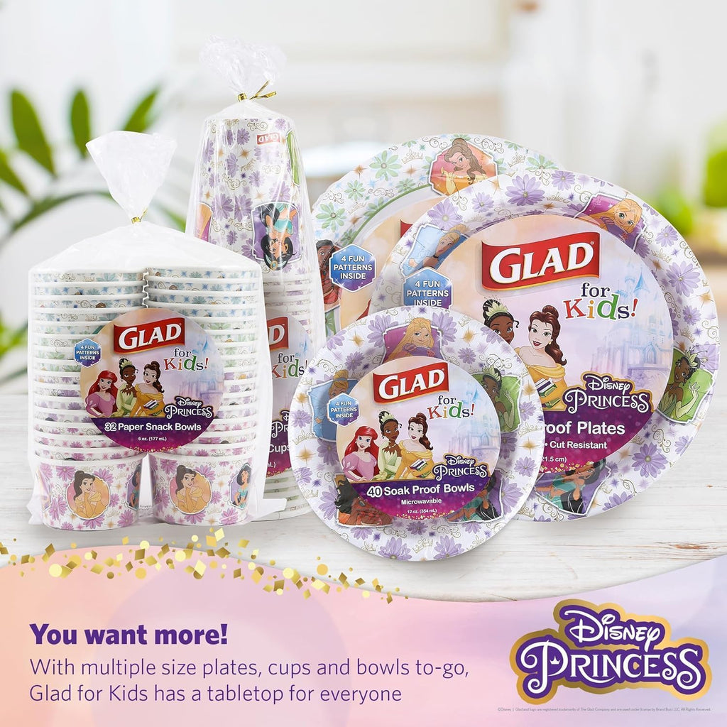 Glad Disney Princess Kids Paper Plates, Heavy Duty Soak Proof Microwavable Cut Resistant Disposable Dinner Snack Plates, 8.5 Inch, 40 Count, 8 Pack Multi-Pack