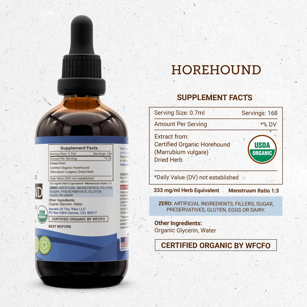 Secrets of the Tribe Horehound USDA Organic Tincture | Alcohol-Free Extract, High-Potency Herbal Drops | Made from 100% Certified Organic Horehound (Marrubium vulgare) Dried Herb 4 oz