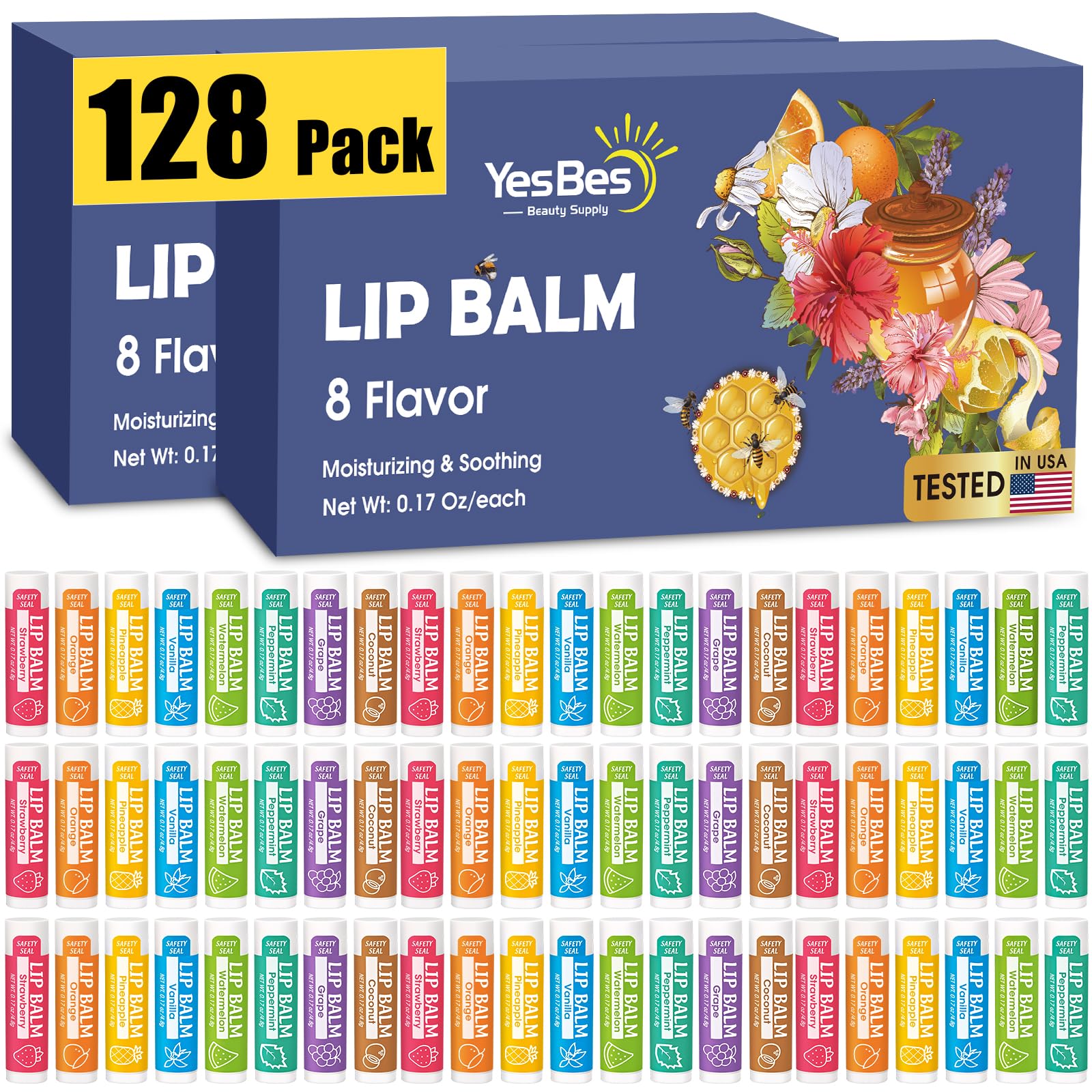 YesBes 128 Pack Lip Balm, Natural Lip Balm Bulk with Vitamin E and Coconut Oil, Moisturizing Lip Balms for Dry Cracked Lips, Lip Balms for Valentines Gifts Stocking Stuffers - 8 Flavors