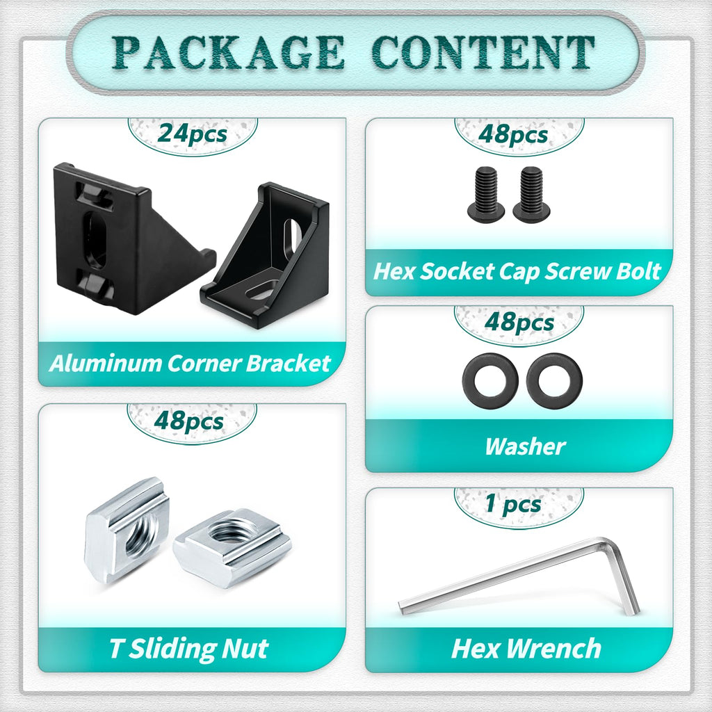 PETOX 24 Set Black 3030 Series Aluminum Extrusion Profile Connector, Includes 1pc Wrench, 24pcs 2835 Corner Bracket, 48pcs M6 T-Slot Sliding Nuts and Hex Screw Bolt for 20S Aluminum Rail Accessories