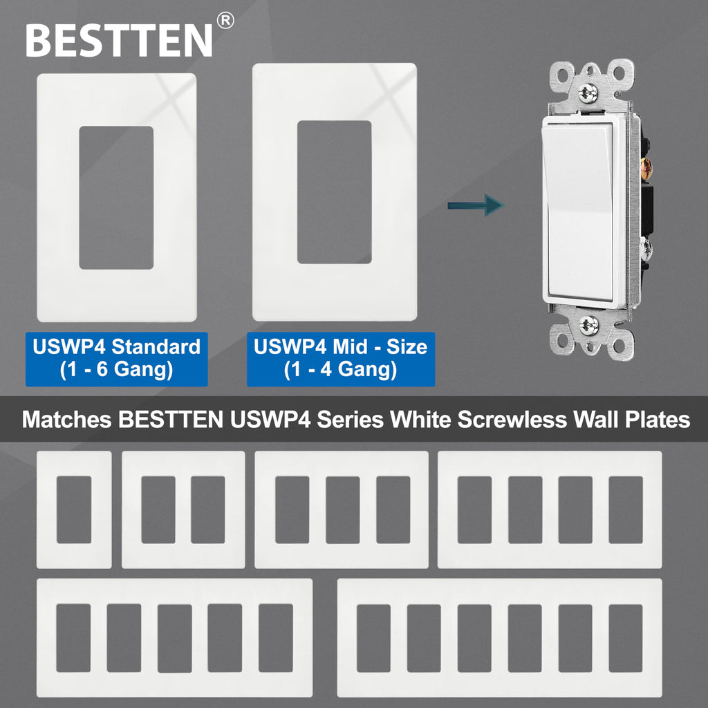 BESTTEN 10 Pack Single Pole Decorator Light Switch with Wallplate, 15A 120/277V, Rocker Paddle Wall Switch, On/Off Interrupter for LED and Other Lamps