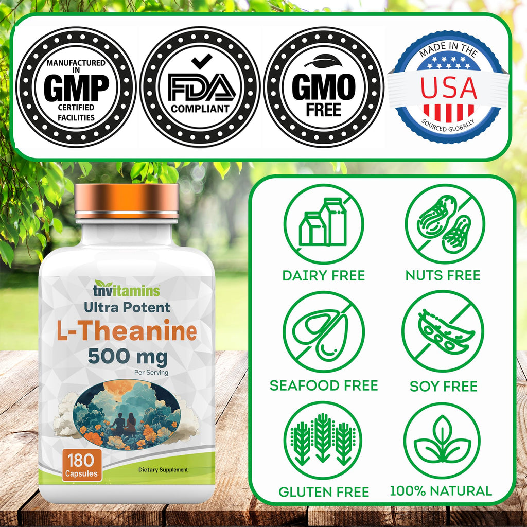 tnvitamins L-Theanine Capsules 500 mg Per Serving, 180 Capsules | Calm Focus & Relaxation Support* | Helps Promote Stress Balance, Mental Clarity & Mood Support* | Non-GMO, Made in USA
