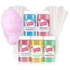 Cotton Candy Express Floss Sugar Variety Pack with 5 - 11oz Plastic Jars of Lime, Watermelon, Pina Colada, Blue Raspberry, Pink Vanilla Flossing Sugars Plus 50 Paper Cotton Candy Cones