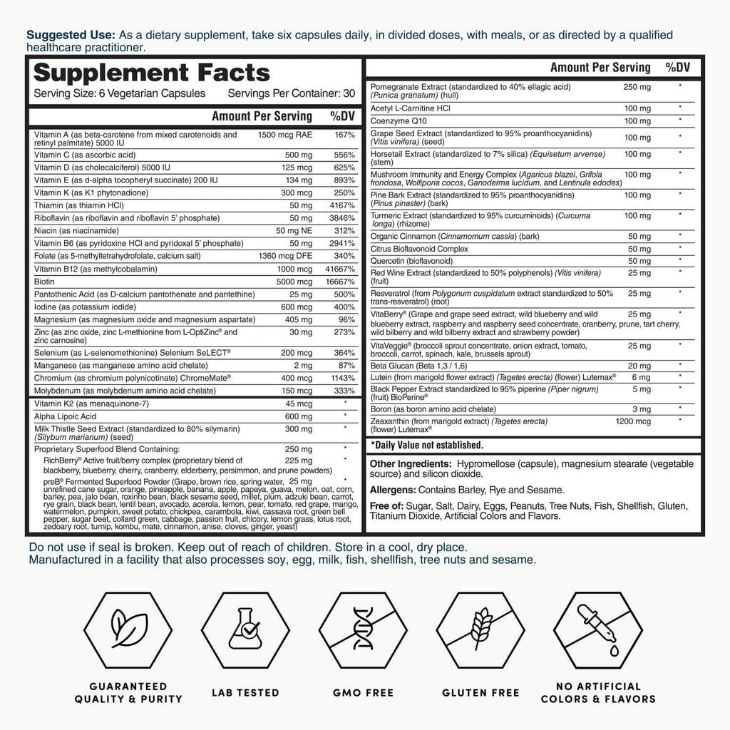 Nature's Lab Six Daily Advanced Multivitamin - Over 90 Nutrients, Minerals, Antioxidants, Herbs & Whole Foods - 180 Capsules (30 Day Supply)