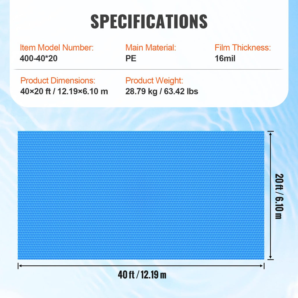 VEVOR Solar Pool Cover, 40 x 20 ft Rectangle Solar Cover 16 mil for Pools, Inground Above Ground Swimming Pool Solar Blanket with Bubble, Heat Retaining Solar Covers Blue