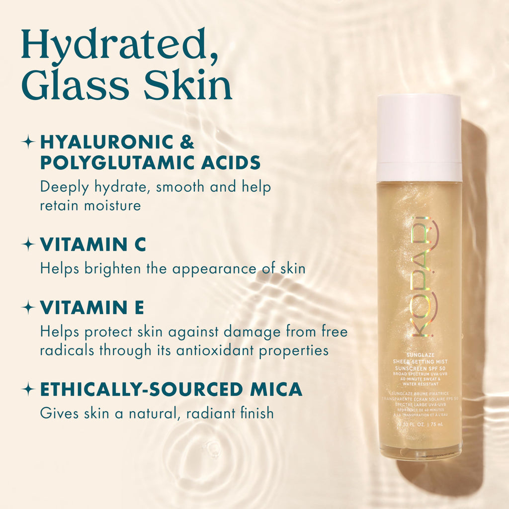Kopari Sunglaze Sheer Setting Mist Sunscreen SPF 50, Weightless, Fast Drying, Ultra-Fine Setting Spray, Made With Hyaluronic Acid, Sets Makeup For A Hydrated, Dewy Finish, 2.53 fl oz