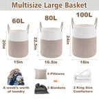 JMvicyroam 60L Cotton Rope Laundry Basket Hamper, Brown