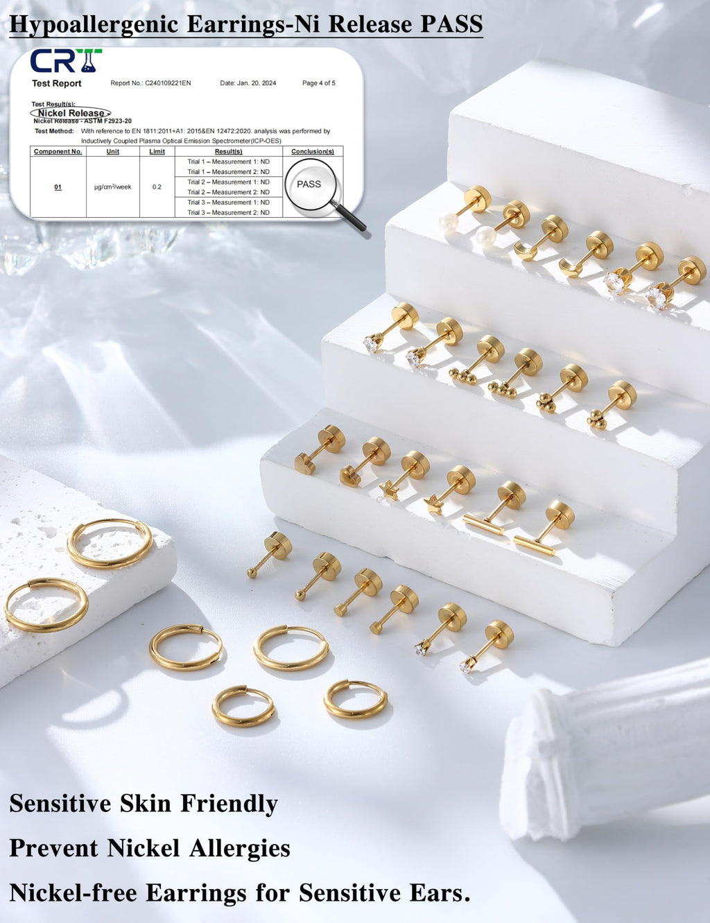LOLIAS Hypoallergenic Surgical Steel Earrings for Sensitive Ears -14K Gold Plated Flat Back Earrings for Women Men- Small Stainless Steel Stud Hoop Earring Set Flatback Cartilage Earring Stacks