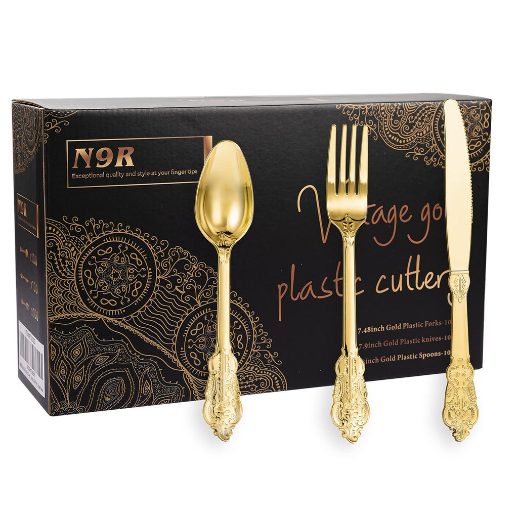 N9R 300pcs Gold Plastic Silverware Dinnerware Flatware- Heavyweight Plastic Cutlery Set, 100 Forks, 100 Spoons, 100 Knives, Gold Utensils for Party, Thanksgiving, Christmas