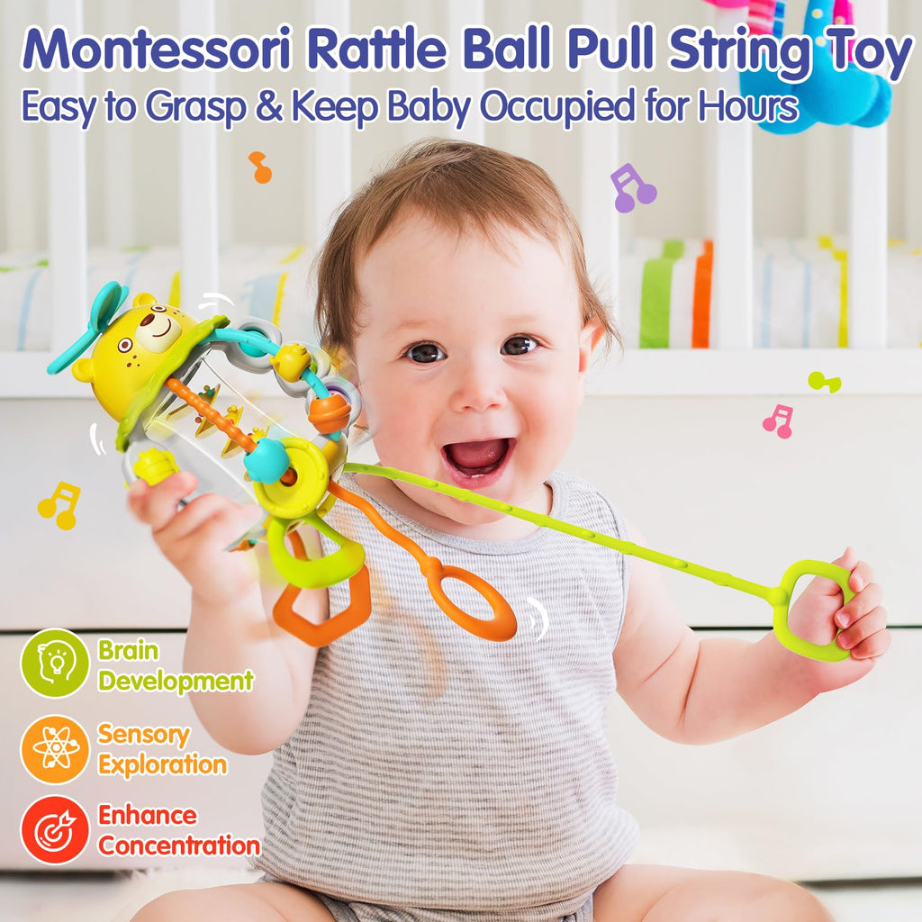 HOLA Montessori Toys for 1 Year Old Boys - Rattle Teething Baby Toys 0-6 & 6-12 Months, Silicone Pull String Sensory Toys for 1 Year Old Girl Gifts Christmas Stocking Stuffers