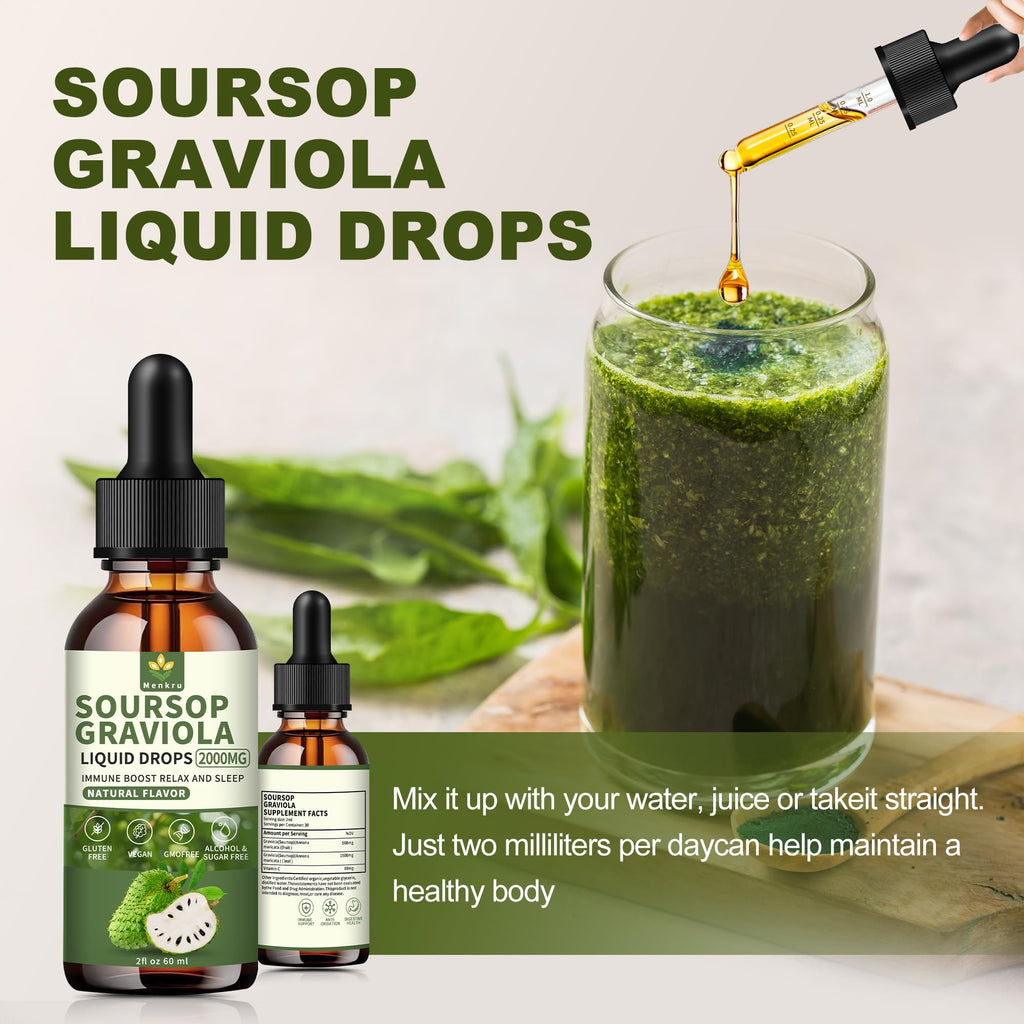 (2 Pack) Soursop Graviola Liquid Drops 2000mg，Immune Boost，Cell Support & Regeneration，Natural Antioxidant，Soursop Bitters Liquid，Soursop Extract - 98%, Sugar/Gluten Free, Natural Flavor, 4 Fl Oz