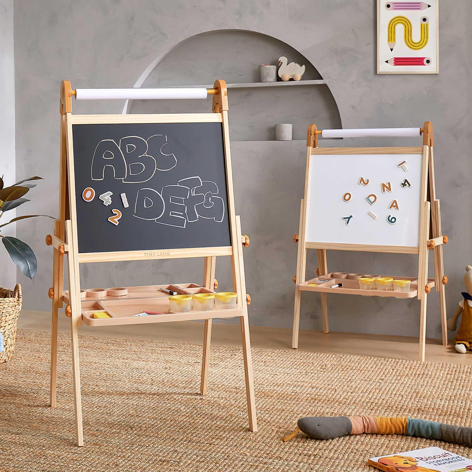 Tiny Land Easel for Kids, Double-Sided Magnetic Easel, Adjustable Wooden Kids Art Easel with Paper Roll, Learning-Toy for 3,4,5,6,7,8 Years Old Boy & Girls