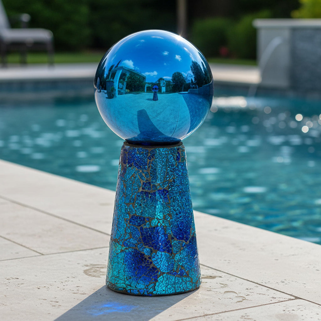 Sunnydaze Glass Gazing Ball Stand for Outdoors, Deep Ocean Swirl