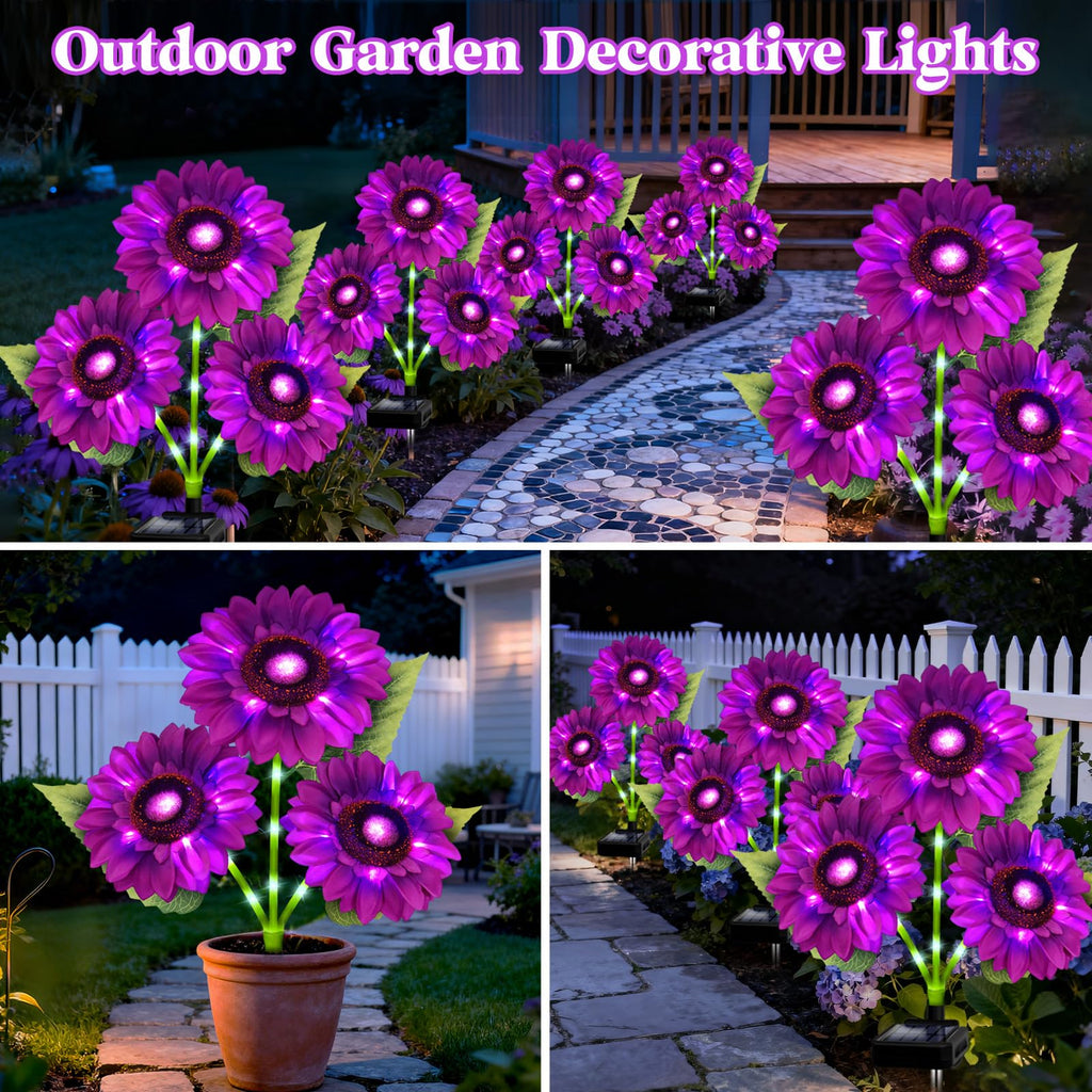 ANGMLN Solar Lights Outdoor Garden Decor, 5 Pack with 15 Purple Sunflower Lights, Solar Flowers Waterproof, Birthday Gifts for Mom Women, Outside Decorative Light for Landscape Yard Patio Lawn