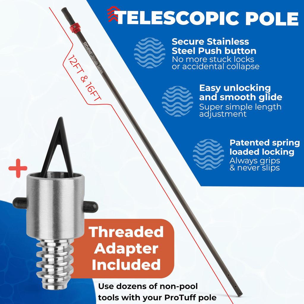 ProTuff 12ft Heavy Duty Telescopic Pool Pole – Unconditional Lifetime Replacement - Instant & Reliable Extension - Universal Fit for Nets, Skimmers, Brushes & Vacuums - Anti-Slip, Comfort Grip