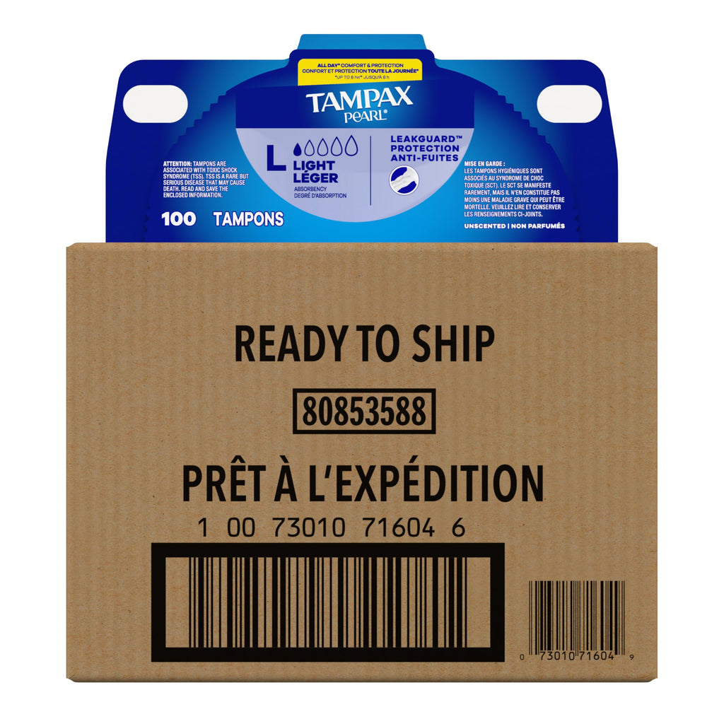 Tampax Pearl Tampons, with LeakGuard Braid, Light Absorbency, Up to 100% Leak and Odor Free Protection, Unscented, 100 Count (2 Packs of 50) (Packaging May Vary)